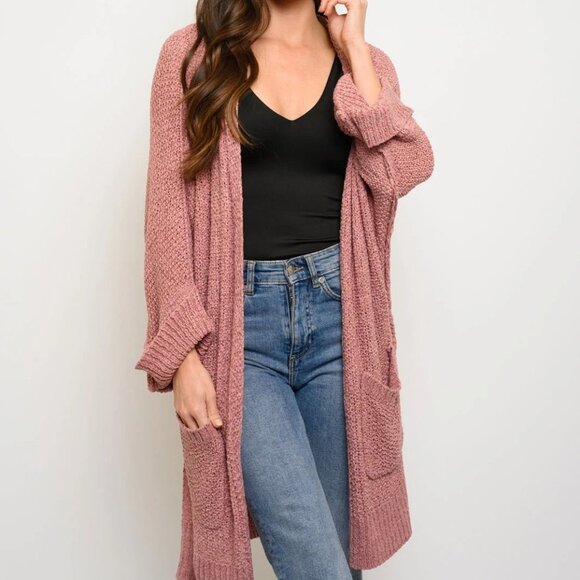 LONG SLEEVE SIDE SLITS POCKETS CARDIGAN Pink - Picture 7 of 8